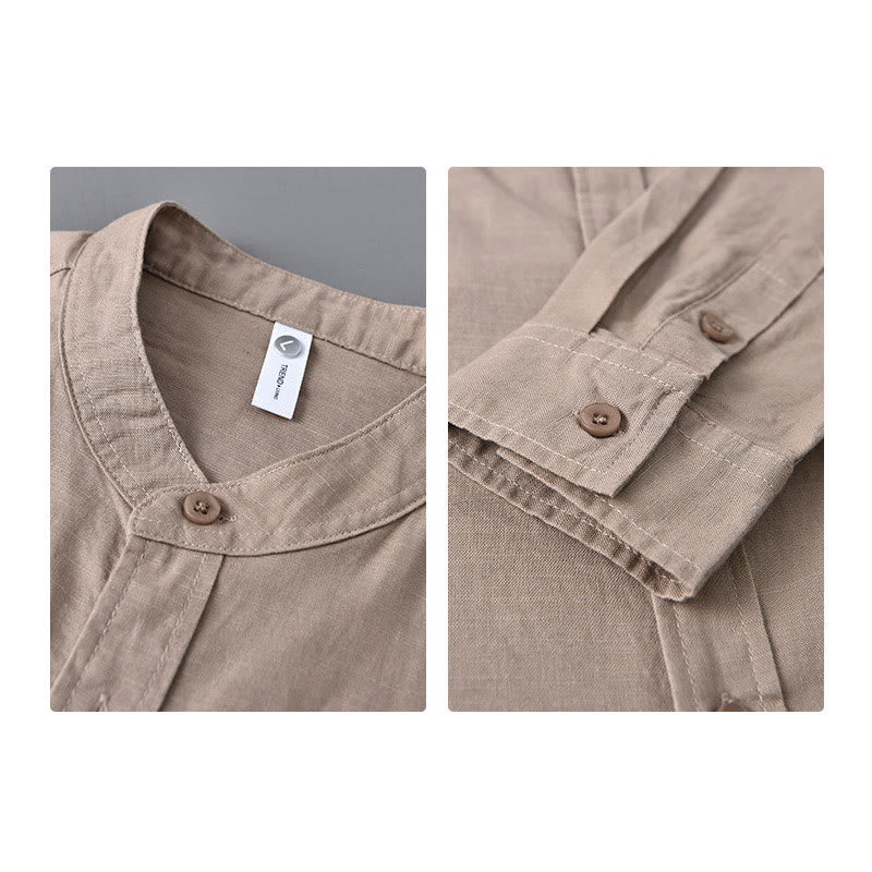 Buddha Stones メンズ 長袖 コットンリネン 無地 スタンドカラー ポケット付き カジュアルシャツ - image 32