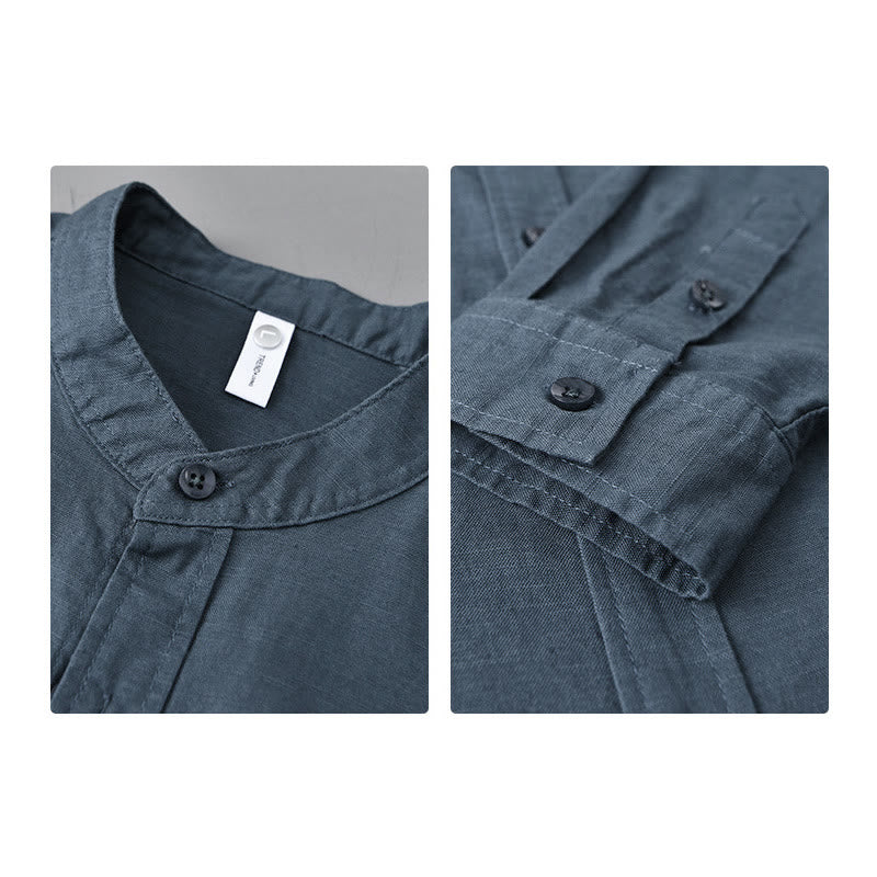 Buddha Stones メンズ 長袖 コットンリネン 無地 スタンドカラー ポケット付き カジュアルシャツ - image 28
