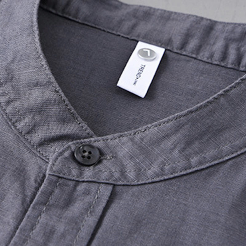 Buddha Stones メンズ 長袖 コットンリネン 無地 スタンドカラー ポケット付き カジュアルシャツ - image 34