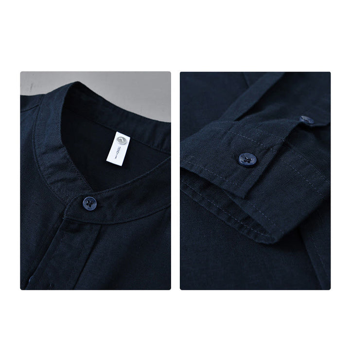 Buddha Stones メンズ 長袖 コットンリネン 無地 スタンドカラー ポケット付き カジュアルシャツ - image 38