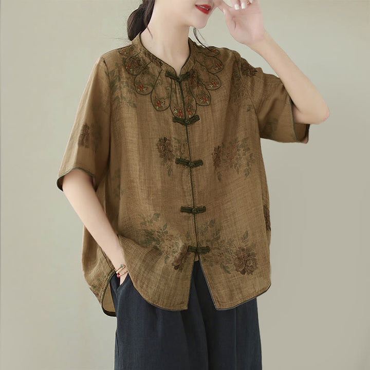 Buddha Stonesパープルフラワープリントカエルボタンデザインシャツ - image 3