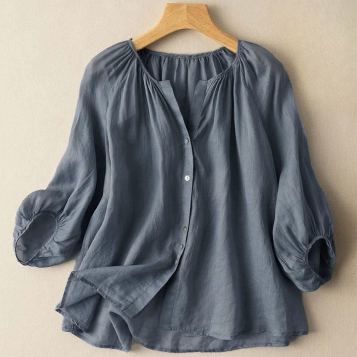 Buddha Stonesヴィンテージボタン 七分袖 パフスリーブ Vネック レディースシャツ - スティールブルー - US14、 UK/AU18、 EU46 (4XL) - image 0