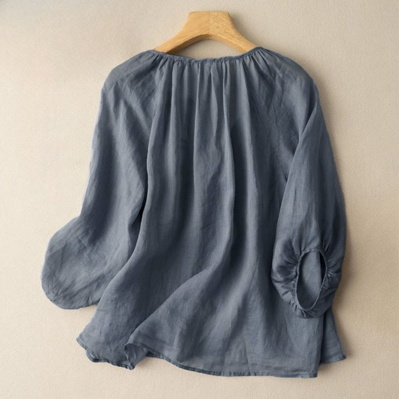 Buddha Stonesヴィンテージボタン 七分袖 パフスリーブ Vネック コットン レディースシャツ - image 2