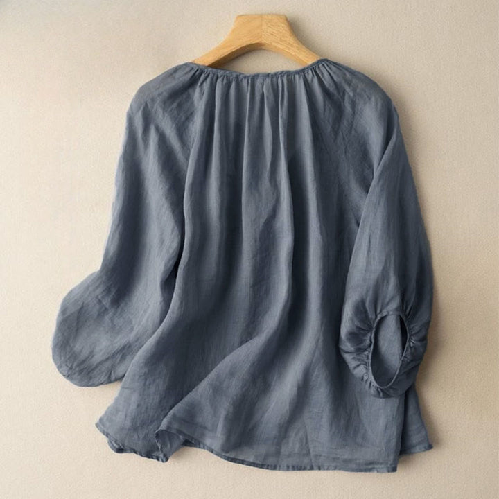 Buddha Stonesヴィンテージボタン 七分袖 パフスリーブ Vネック コットン レディースシャツ - image 2