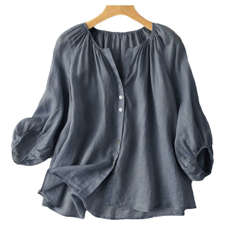 Buddha Stonesヴィンテージボタン 七分袖 パフスリーブ Vネック コットン レディースシャツ - image 3