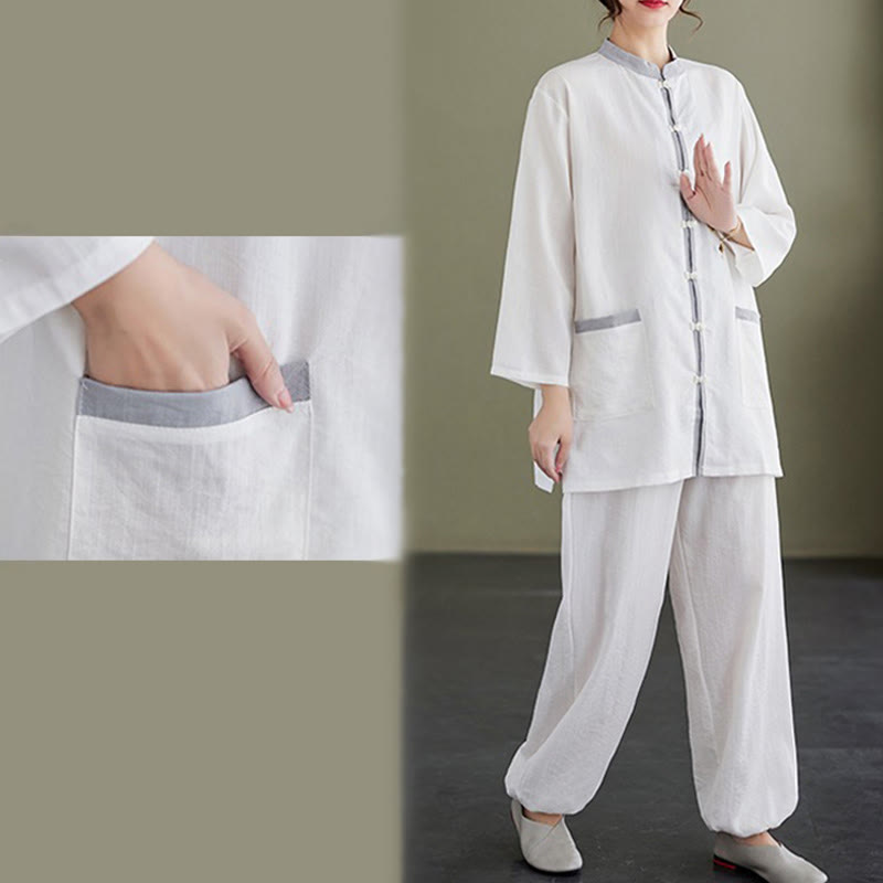 Buddha Stones 2点セット コットン 太極拳シャツ トップパンツ 瞑想 禅服 レディース セット - image 12