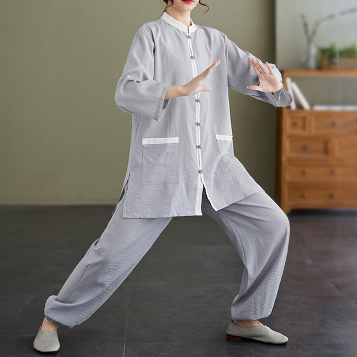 Buddha Stones 2点セット コットン 太極拳シャツ トップパンツ 瞑想 禅服 レディース セット - image 6