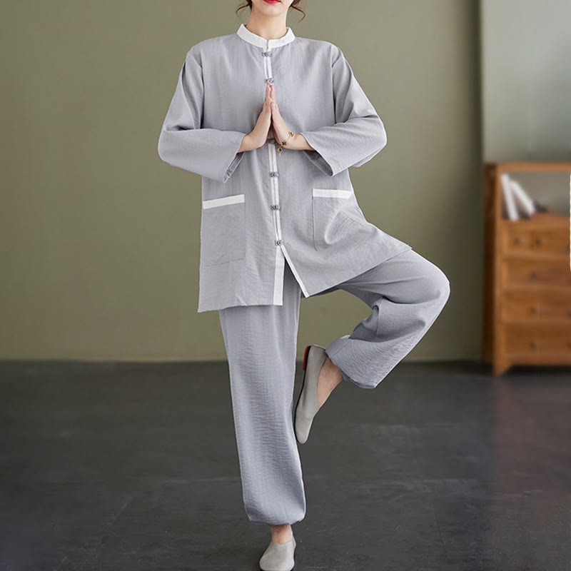 Buddha Stones 2点セット コットン 太極拳シャツ トップパンツ 瞑想 禅服 レディース セット - ライトスチールブルー - US8-10，UK/AU12-14，EU40-42 (2XL) - image 1
