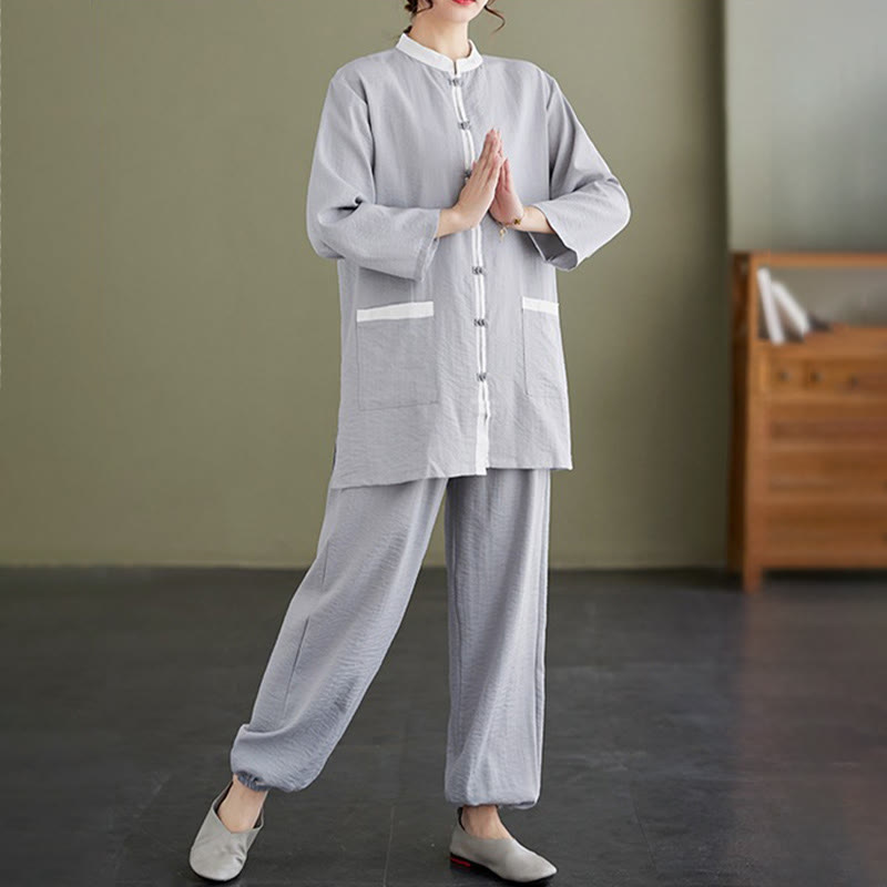 Buddha Stones 2点セット コットン 太極拳シャツ トップパンツ 瞑想 禅服 レディース セット - image 2