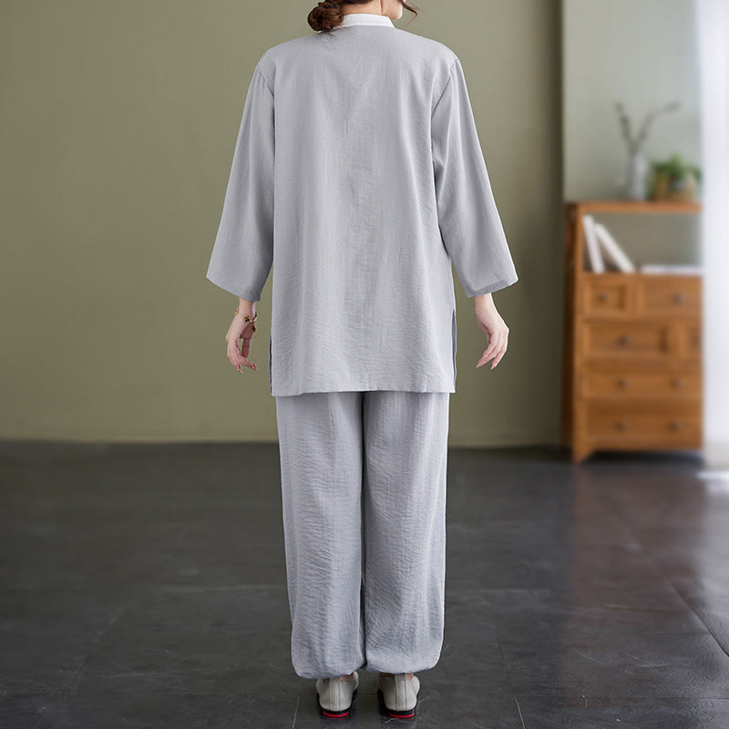Buddha Stones 2点セット コットン 太極拳シャツ トップパンツ 瞑想 禅服 レディース セット - image 3