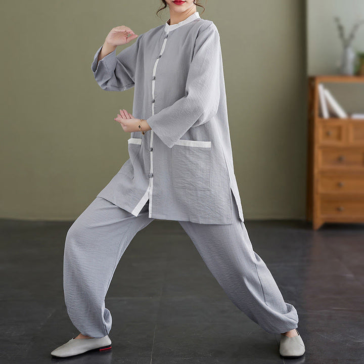 Buddha Stones 2点セット コットン 太極拳シャツ トップパンツ 瞑想 禅服 レディース セット - image 4