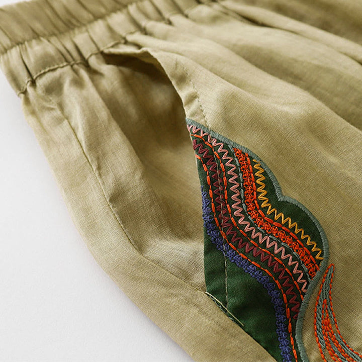 Buddha Stonesカジュアルフラワー刺繍 レディース コットンリネン 伸縮性ウエスト ワイドレッグパンツ ポケット付き - image 3