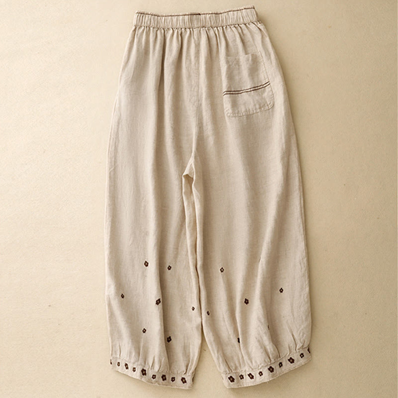 Buddha Stonesカジュアル刺繍花びらレディースコットンリネン7-8丈ハーレムパンツ ポケット付き - image 2