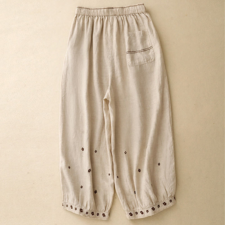 Buddha Stonesカジュアル刺繍花びらレディースコットンリネン7-8丈ハーレムパンツ ポケット付き - image 1
