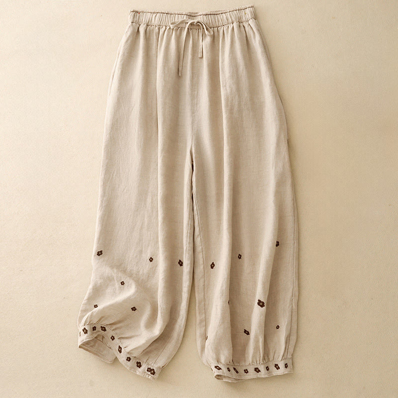 Buddha Stonesカジュアル刺繍花びらレディースコットンリネン7-8丈ハーレムパンツ ポケット付き - 小麦 - US12、 UK/AU16、 EU44 (2XL) - image 1