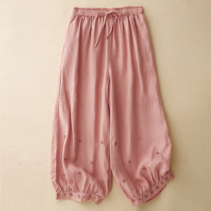 Buddha Stonesカジュアル刺繍花びらレディースコットンリネン7-8丈ハーレムパンツ ポケット付き - ライトコーラル - US12、 UK/AU16、 EU44 (2XL) - image 12