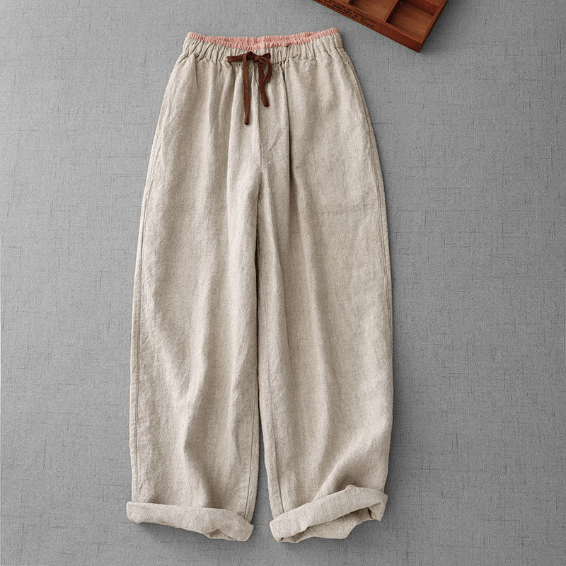 Buddha Stonesカジュアル デイリー ドローストリング シンプルデザイン レディース コットンリネン パンツ ポケット付き - ベージュ - US8-10，UK/AU12-14，EU40-42 (2XL) - image 1