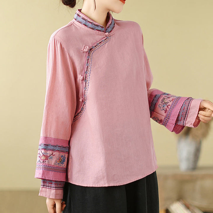 Buddha Stones刺繍入り斜めボタンコットンリネンレディースシャツ - image 16