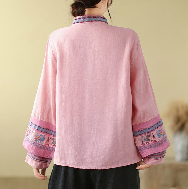 Buddha Stones刺繍入り斜めボタンコットンリネンレディースシャツ - image 17