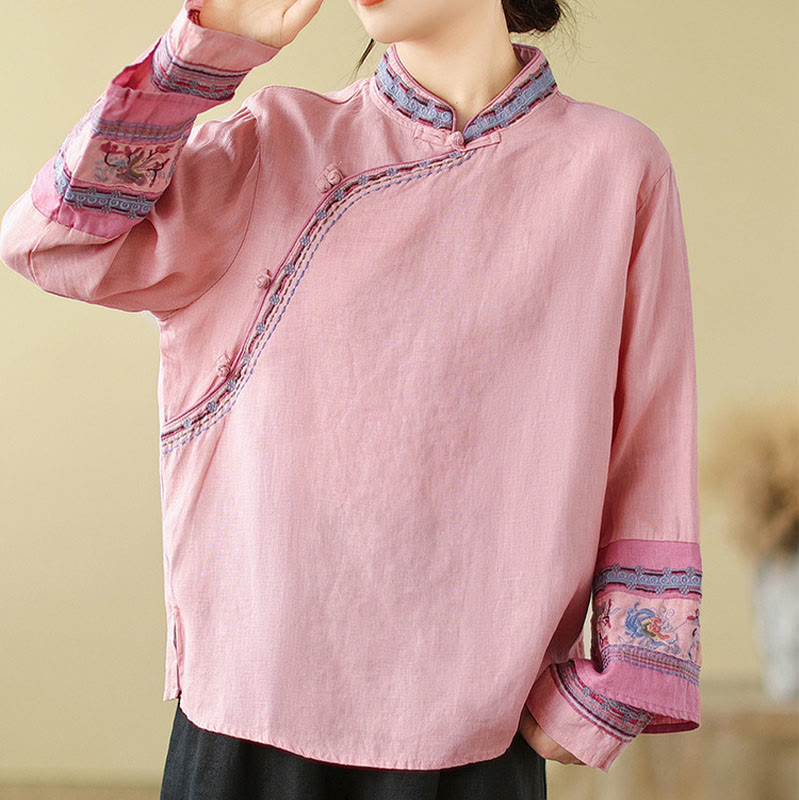 Buddha Stones刺繍入り斜めボタンコットンリネンレディースシャツ - ピンク - US8-10，UK/AU12-14，EU40-42 (2XL) - image 13