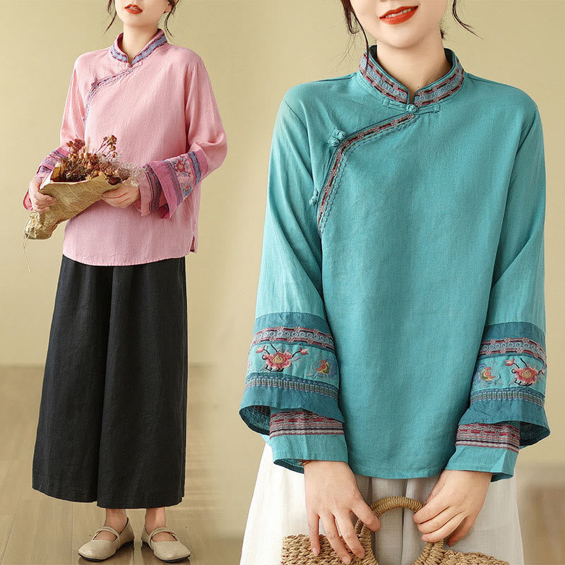 Buddha Stones刺繍入り斜めボタンコットンリネンレディースシャツ - image 25