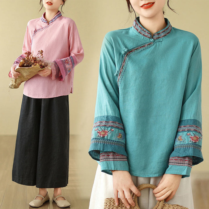 Buddha Stones刺繍入り斜めボタンコットンリネンレディースシャツ - image 25