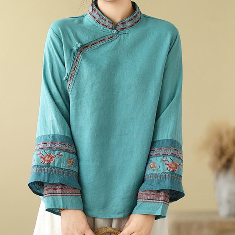 Buddha Stones刺繍入り斜めボタンコットンリネンレディースシャツ - image 22