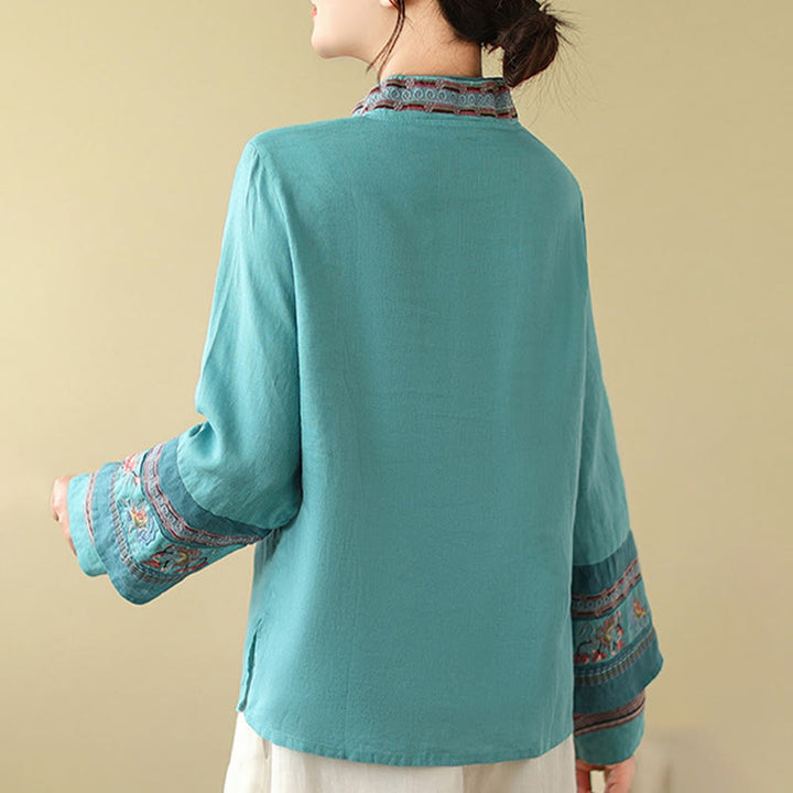 Buddha Stones刺繍入り斜めボタンコットンリネンレディースシャツ - image 21