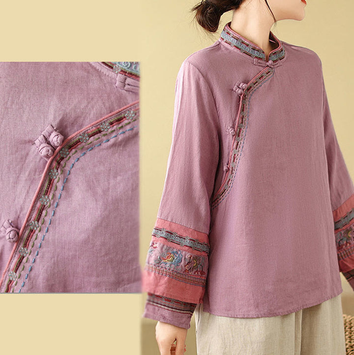 Buddha Stones刺繍入り斜めボタンコットンリネンレディースシャツ - image 7