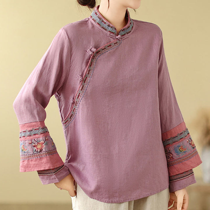 Buddha Stones刺繍入り斜めボタンコットンリネンレディースシャツ - image 4