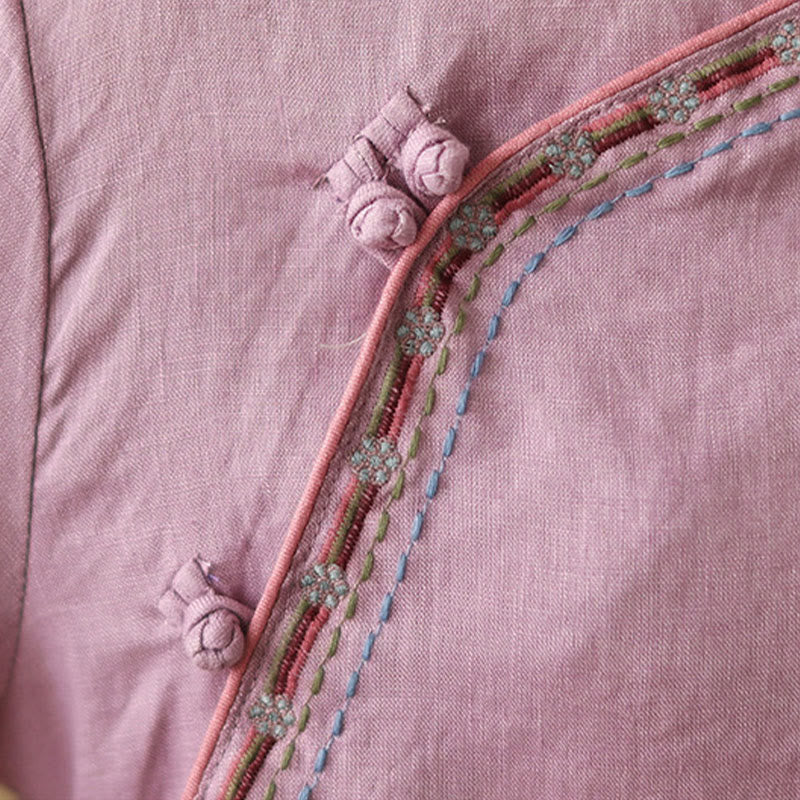 Buddha Stones刺繍入り斜めボタンコットンリネンレディースシャツ - image 8