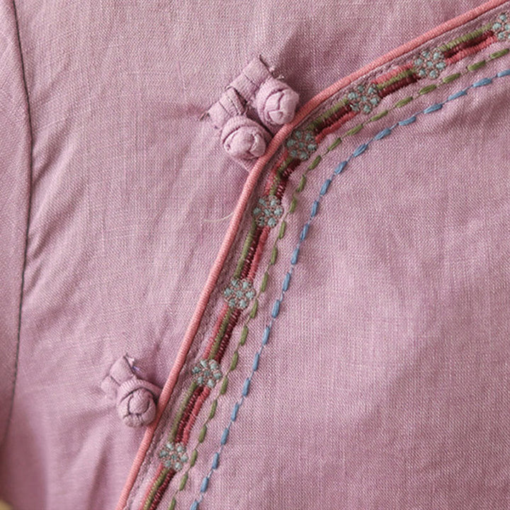 Buddha Stones刺繍入り斜めボタンコットンリネンレディースシャツ - image 8