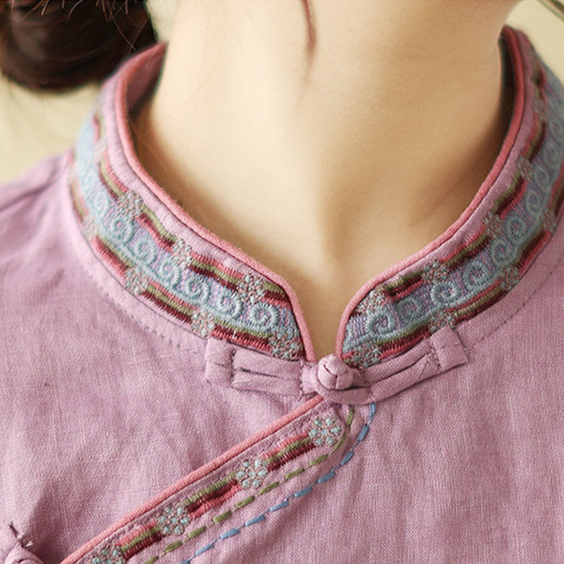 Buddha Stones刺繍入り斜めボタンコットンリネンレディースシャツ - image 12