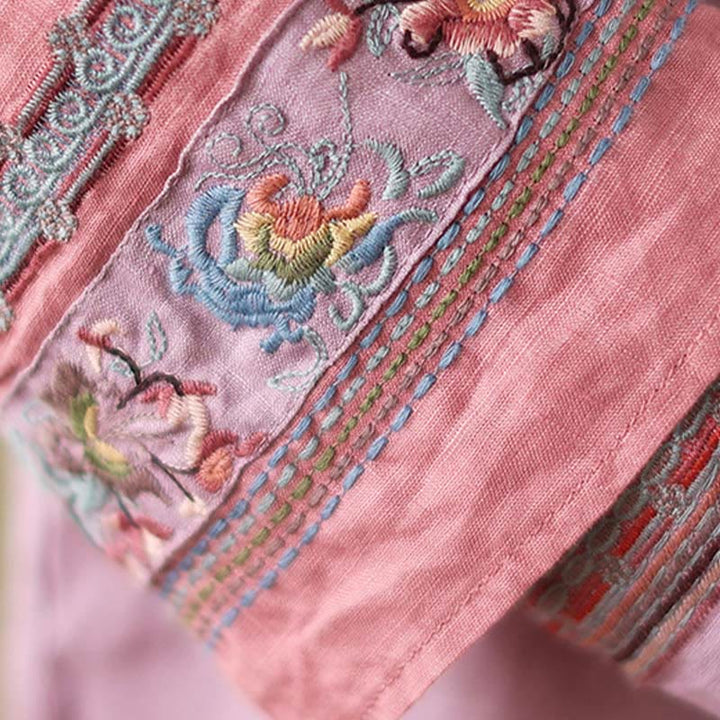 Buddha Stones刺繍入り斜めボタンコットンリネンレディースシャツ - image 9