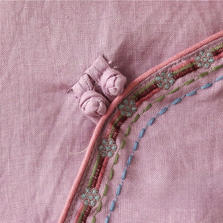 Buddha Stones刺繍入り斜めボタンコットンリネンレディースシャツ - image 10