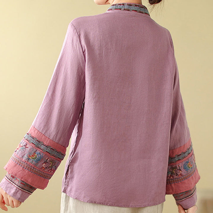 Buddha Stones刺繍入り斜めボタンコットンリネンレディースシャツ - image 5