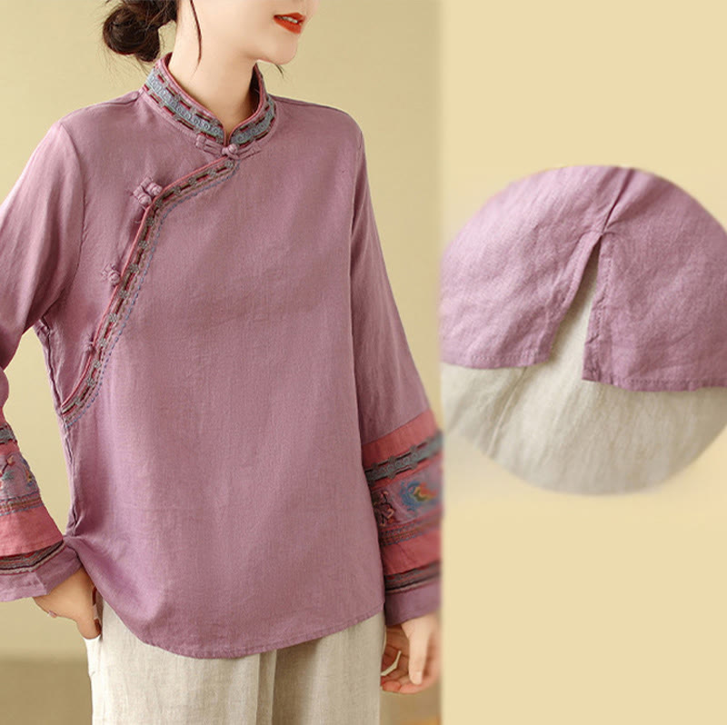 Buddha Stones刺繍入り斜めボタンコットンリネンレディースシャツ - image 6