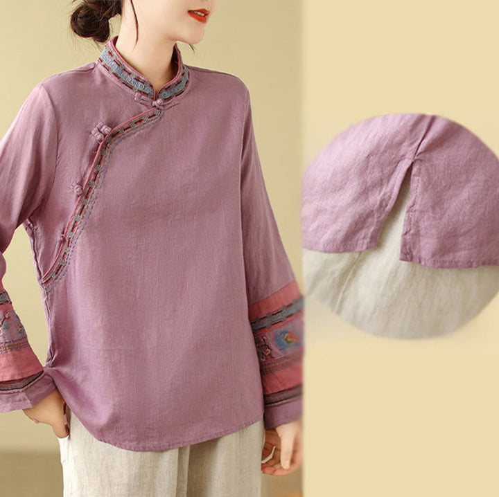 Buddha Stones刺繍入り斜めボタンコットンリネンレディースシャツ - image 6