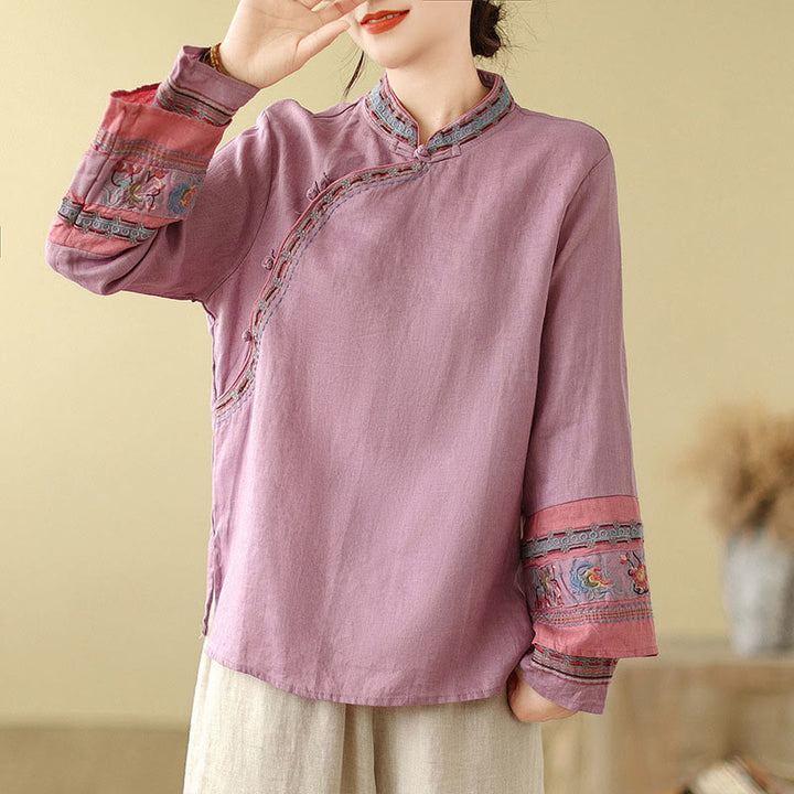 Buddha Stones刺繍入り斜めボタンコットンリネンレディースシャツ - 梅 - US8-10，UK/AU12-14，EU40-42 (2XL) - image 1