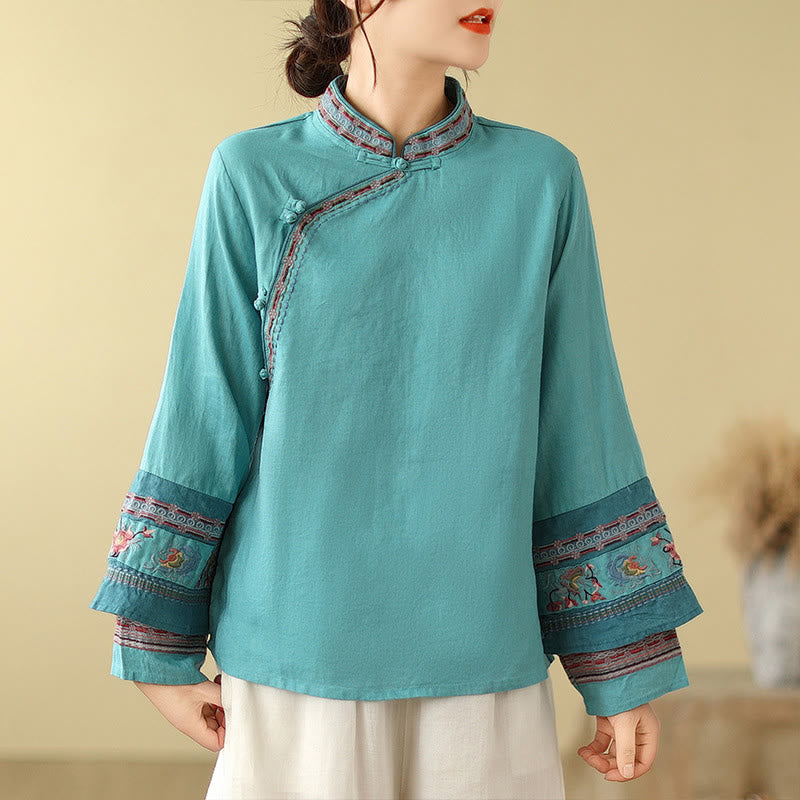 Buddha Stones刺繍入り斜めボタンコットンリネンレディースシャツ - ライトシーグリーン - US8-10，UK/AU12-14，EU40-42 (2XL) - image 19