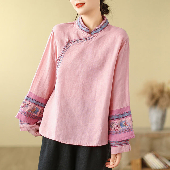 Buddha Stones刺繍入り斜めボタンコットンリネンレディースシャツ - image 14