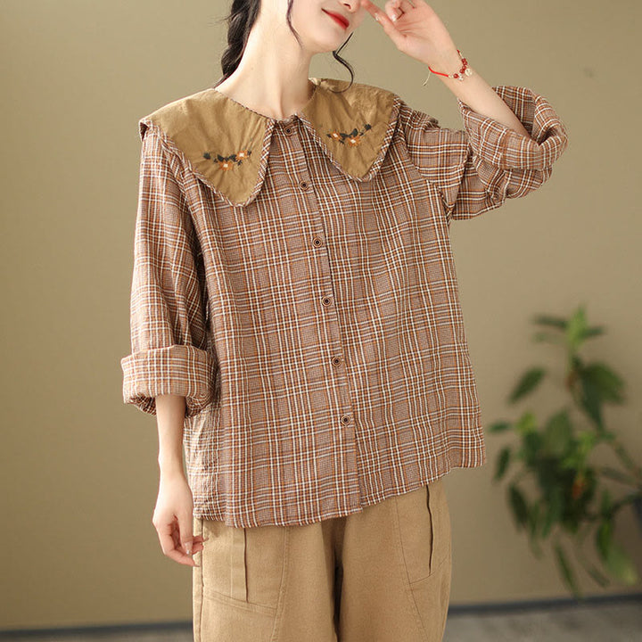Buddha Stones刺繍入りチェック柄コットンレディースシャツ - image 3