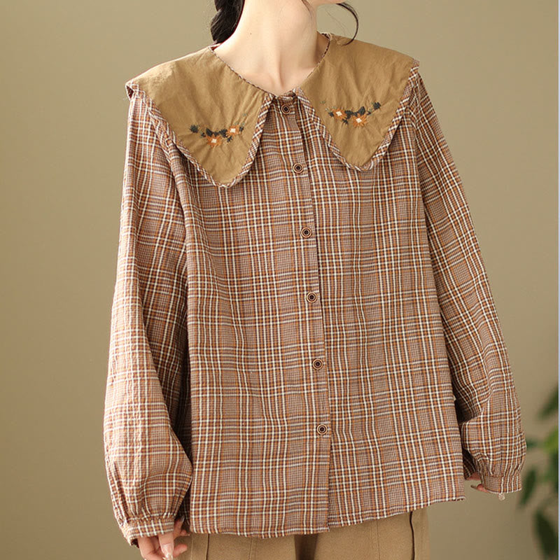 Buddha Stones刺繍入りチェック柄コットンレディースシャツ - ダークサーモン - US8-10，UK/AU12-14，EU40-42 (2XL) - image 1