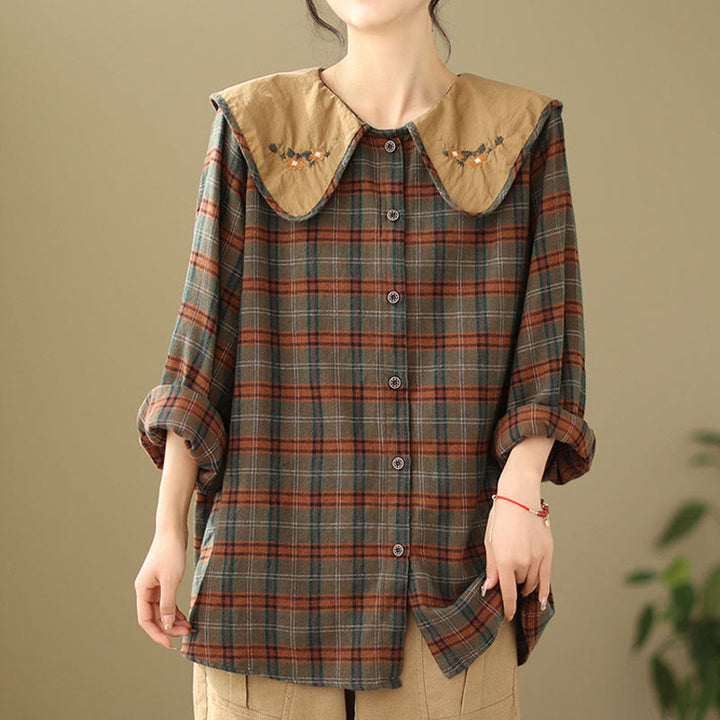 Buddha Stones刺繍入りチェック柄コットンレディースシャツ - シエナ - US8-10，UK/AU12-14，EU40-42 (2XL) - image 6