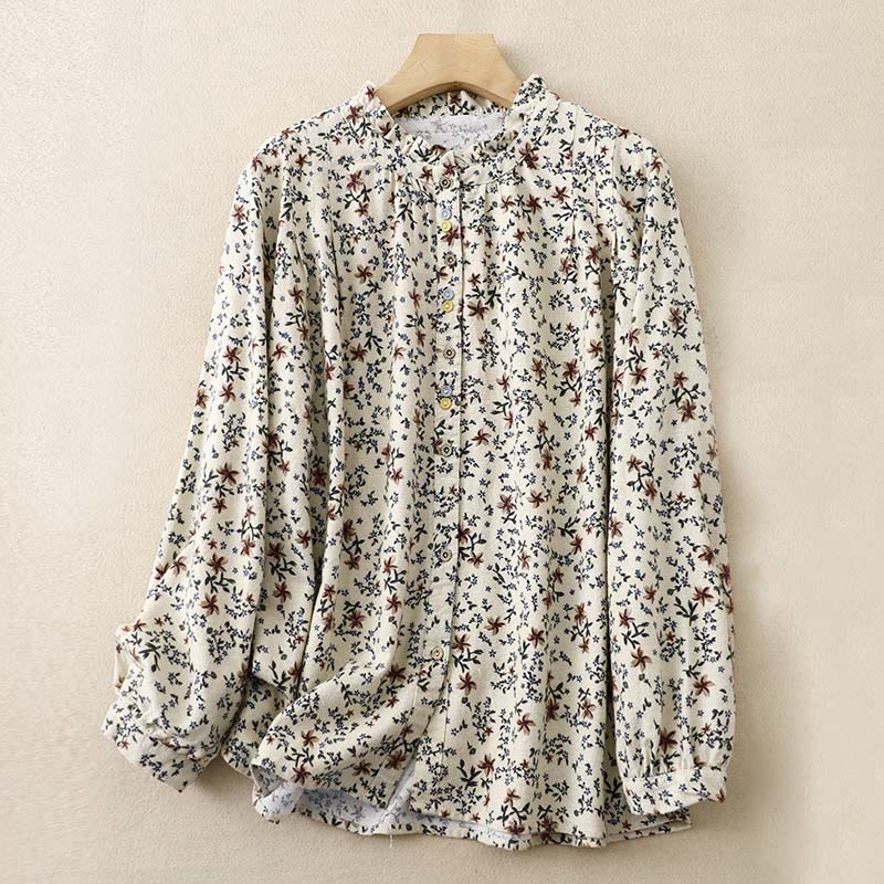 Buddha Stonesカジュアルフローラルクルーネックコットンリネンレディースシャツ - ベージュ - US14、 UK/AU18、 EU46 (2XL) - image 1