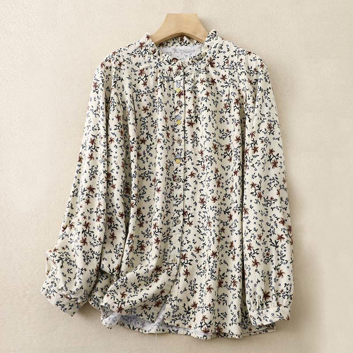 Buddha Stonesカジュアルフローラルクルーネックコットンリネンレディースシャツ - ベージュ - US14、 UK/AU18、 EU46 (2XL) - image 1