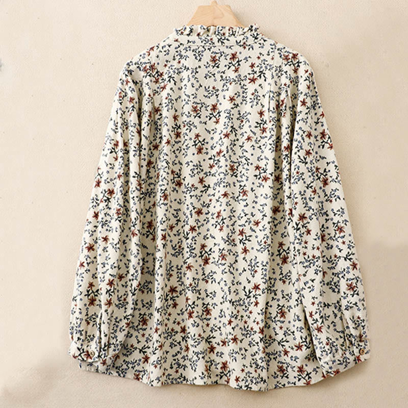 Buddha Stonesカジュアルフローラルクルーネックコットンリネンレディースシャツ - image 2