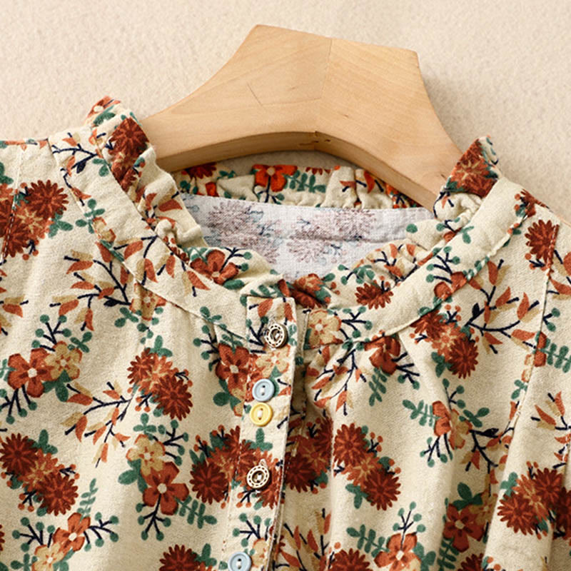 Buddha Stonesカジュアルフローラルクルーネックコットンリネンレディースシャツ - image 12