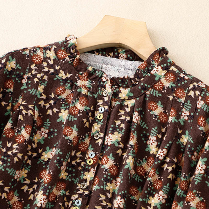 Buddha Stonesカジュアルフローラルクルーネックコットンリネンレディースシャツ - image 24