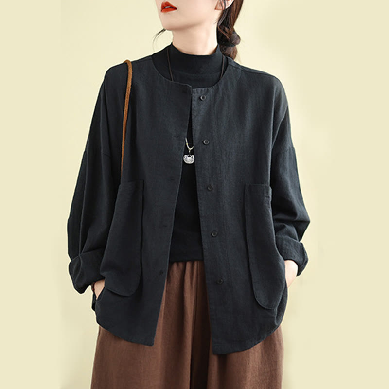 Buddha Stones無地デザイン 長袖 レディース コットンリネン ジャケット ポケット付き - 黒 - US14、 UK/AU18、 EU46 (2XL) - image 11